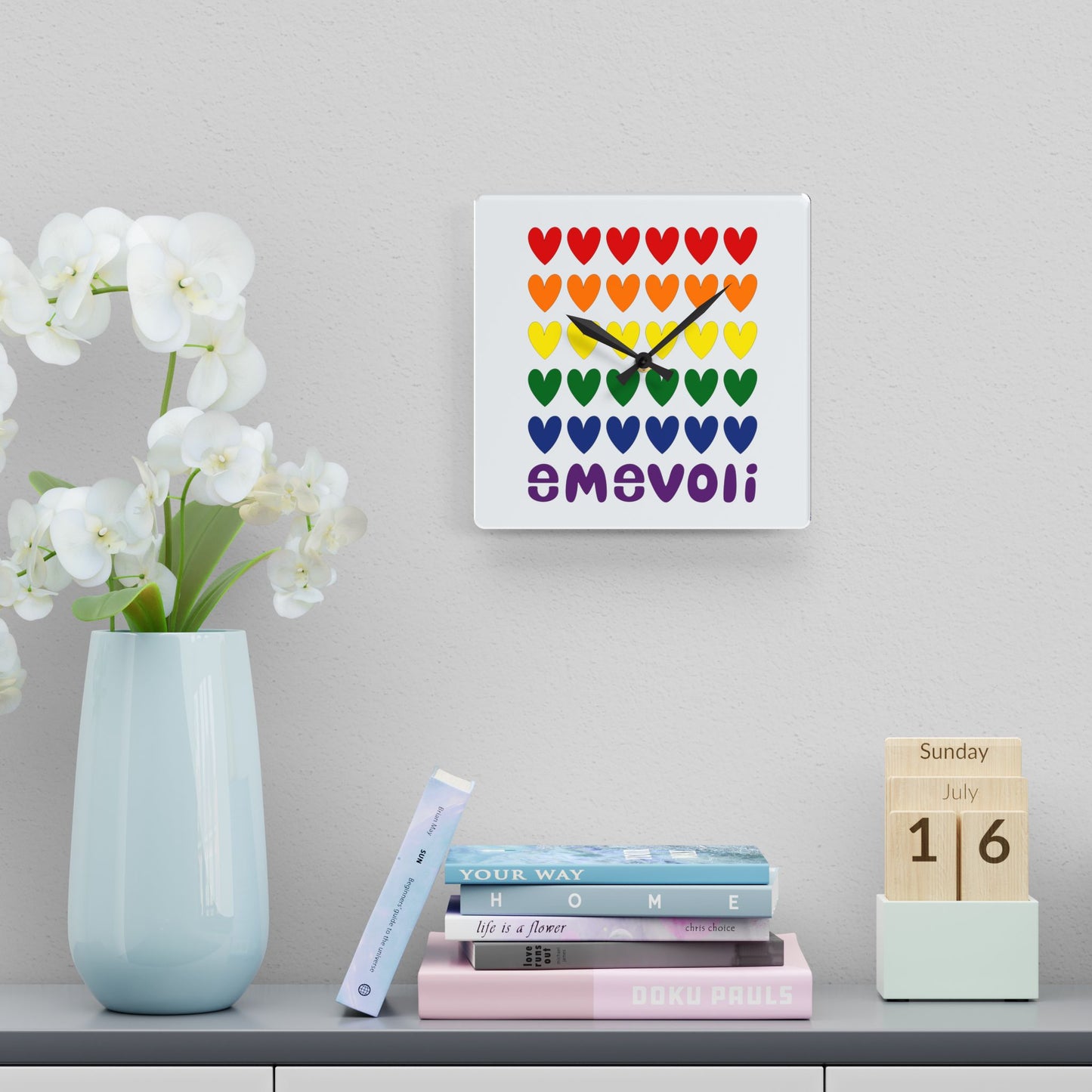 emevoli | Acrylic  Square Wall Clock | Hearts with Pride Flag Colors